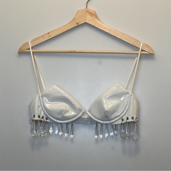 Kiki Riki White Vinyl Small Bra With Dangling "Crystals"